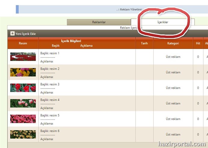 reklam slayt� eklemek i�in i�erikler t�klan�r...