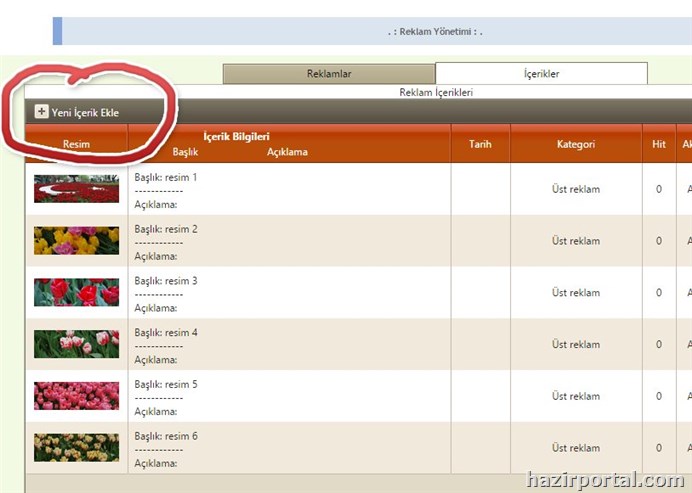 reklam slayt� eklemek i�in yeni i�erik ekle t�klan�r...